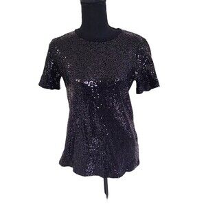 EUC DKNY women's black beaded glittery sparkling short sleeve shirt, PL